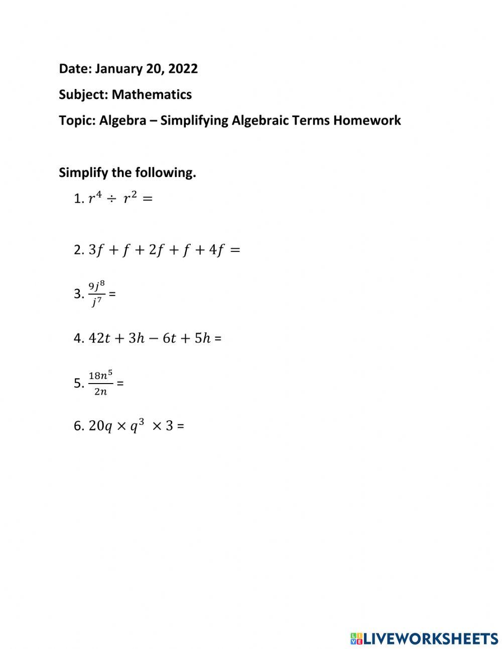 Simplifying Algebraic Expressions Homework
