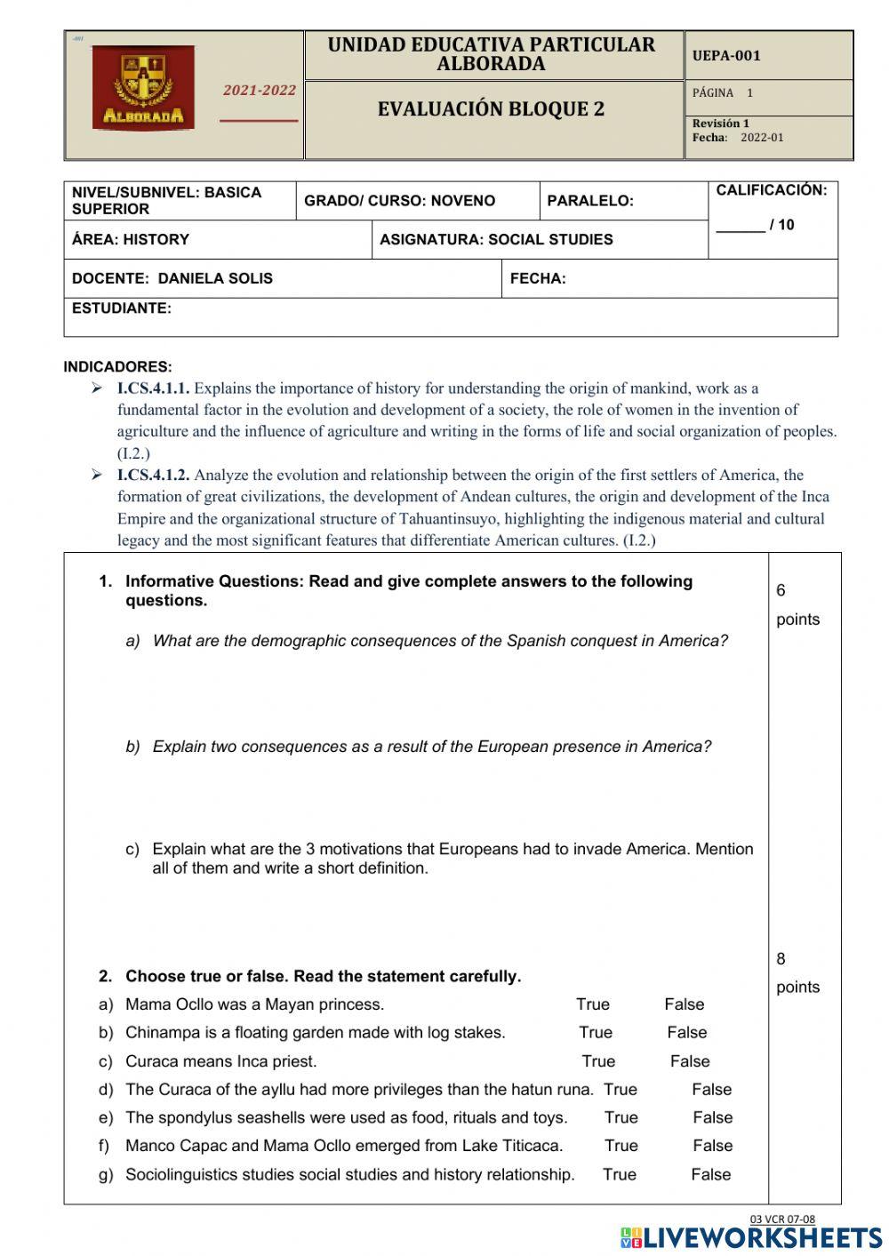 SOCIAL STUDIES TEST online exercise for | Live Worksheets