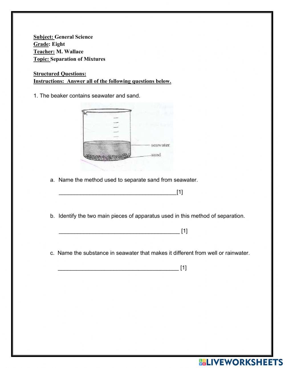 Filtration Evaporation online exercise for Live Worksheets
