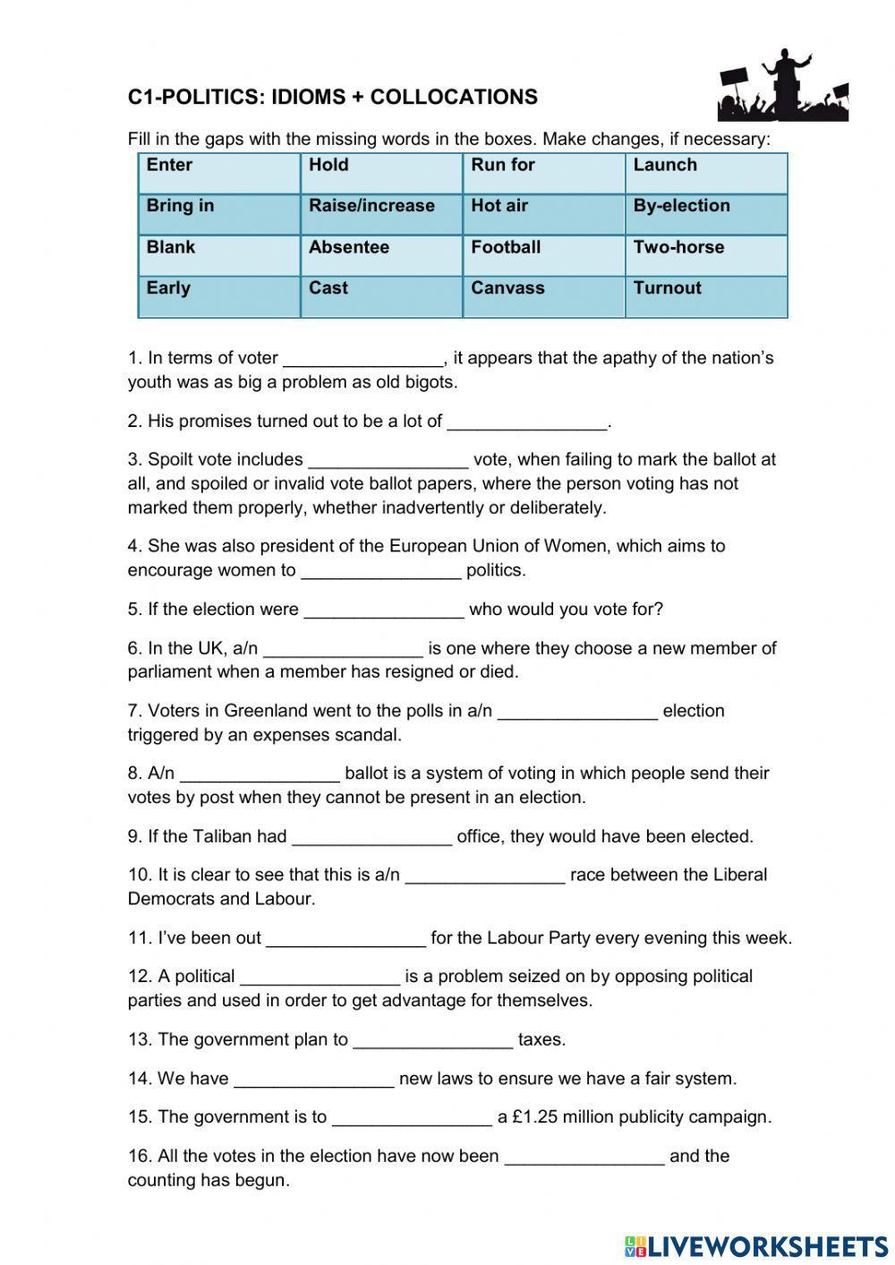 C1 politics idioms + collocations
