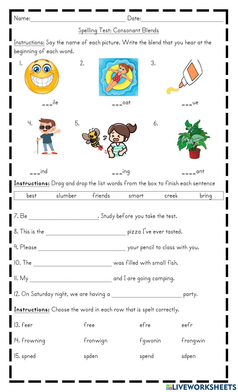 Consonant Blends Spelling Test Consonant Blends Spelling Test