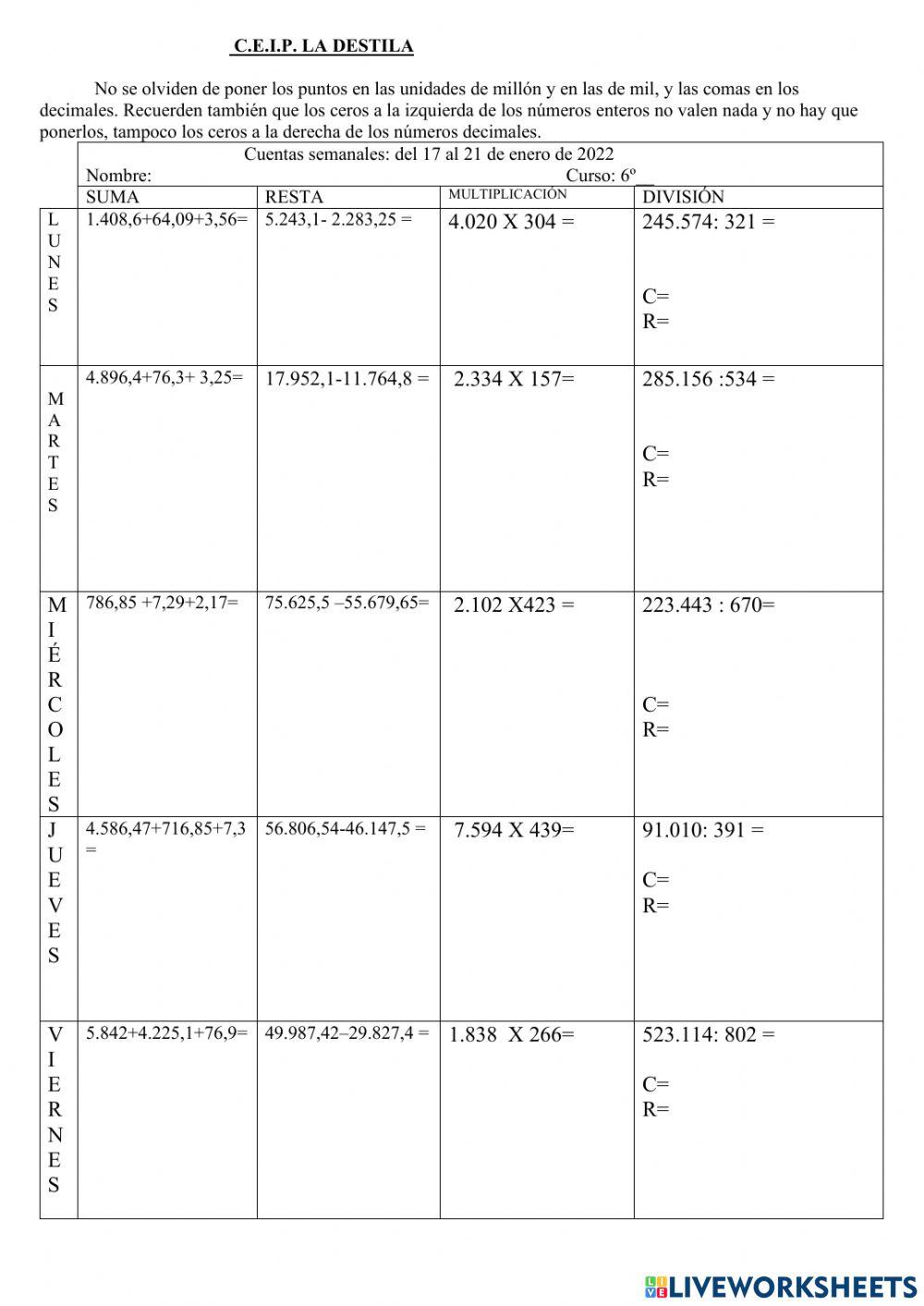 Cuentas semanales de sexto
