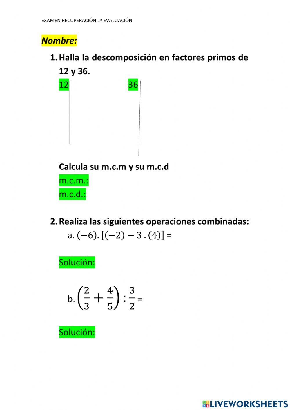 Ficha números enteros, fracciones, potencias