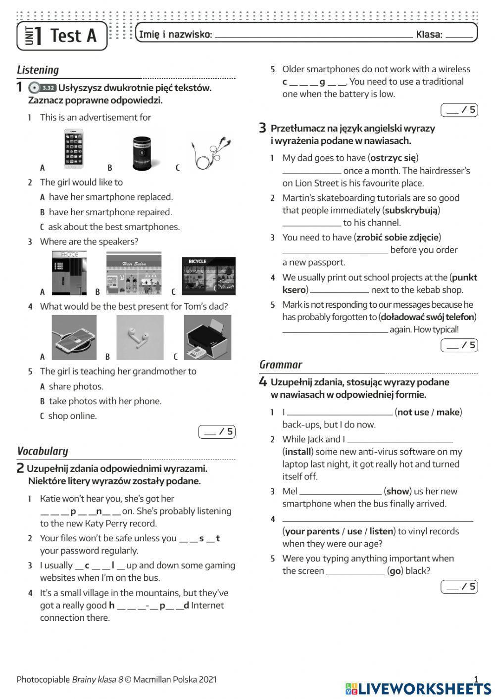 Brainy Klasa 6 Testy Chomikuj 5281892 | Test unit 1 Brainy 8 | jushaj | LiveWorksheets