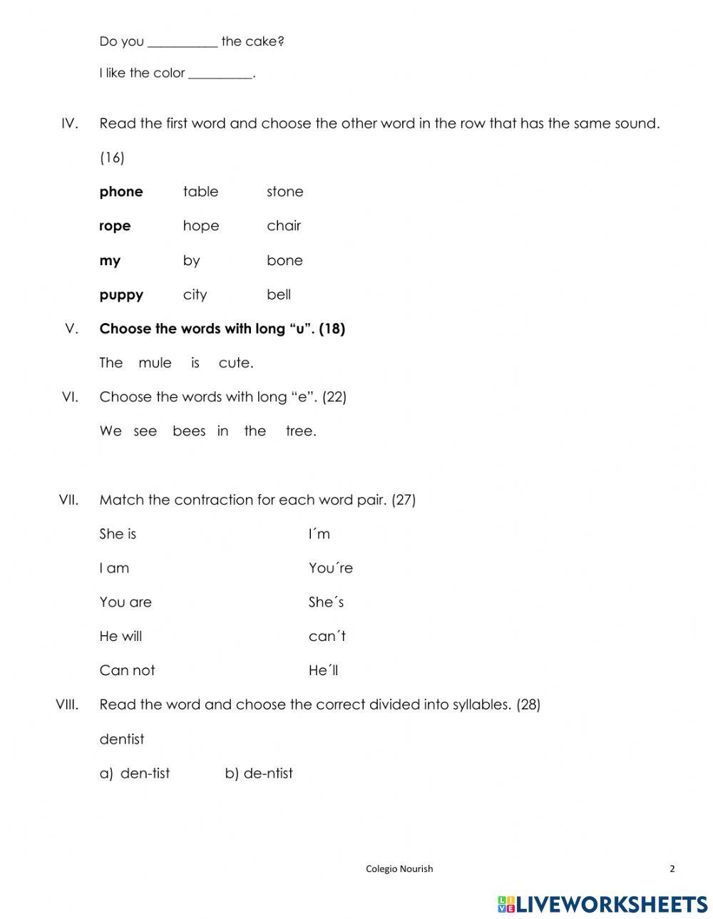 Phonics ph, ch, wh, tch, long o, u, e, y, ng, nk, and contractions