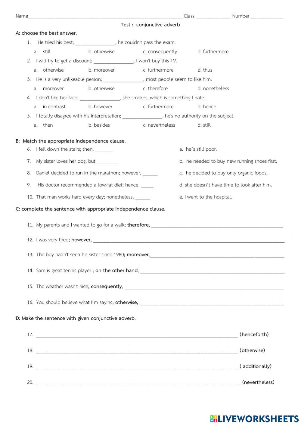 conjunctive adverb test online exercise for Live Worksheets