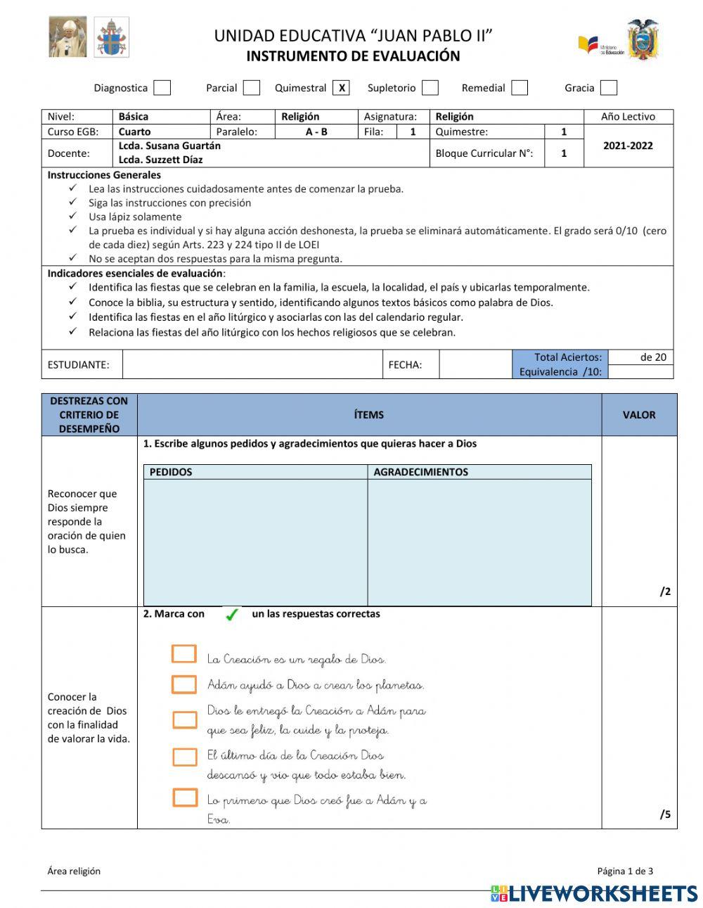 Evaluación quimestral de religión