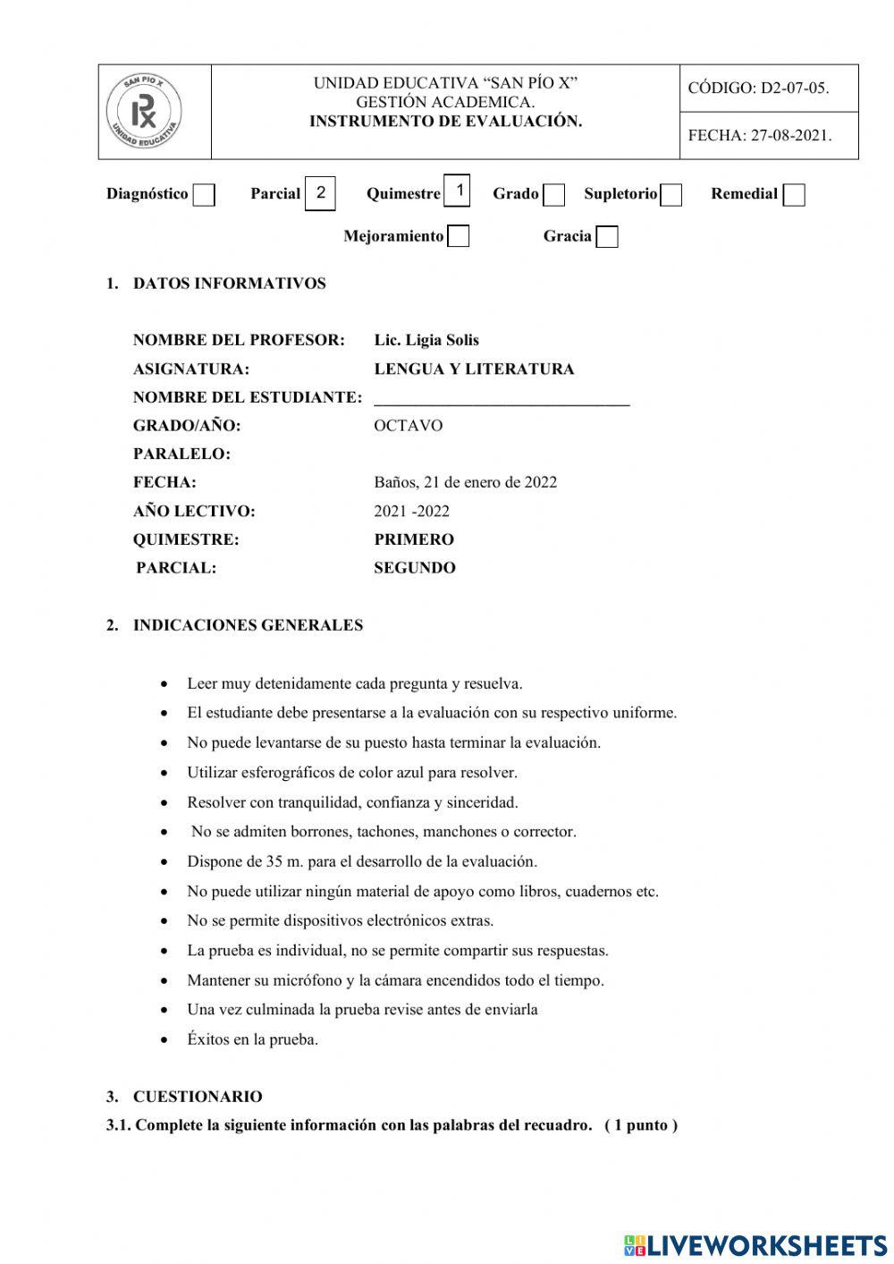 Evaluación segundo parcial 1er quimestre