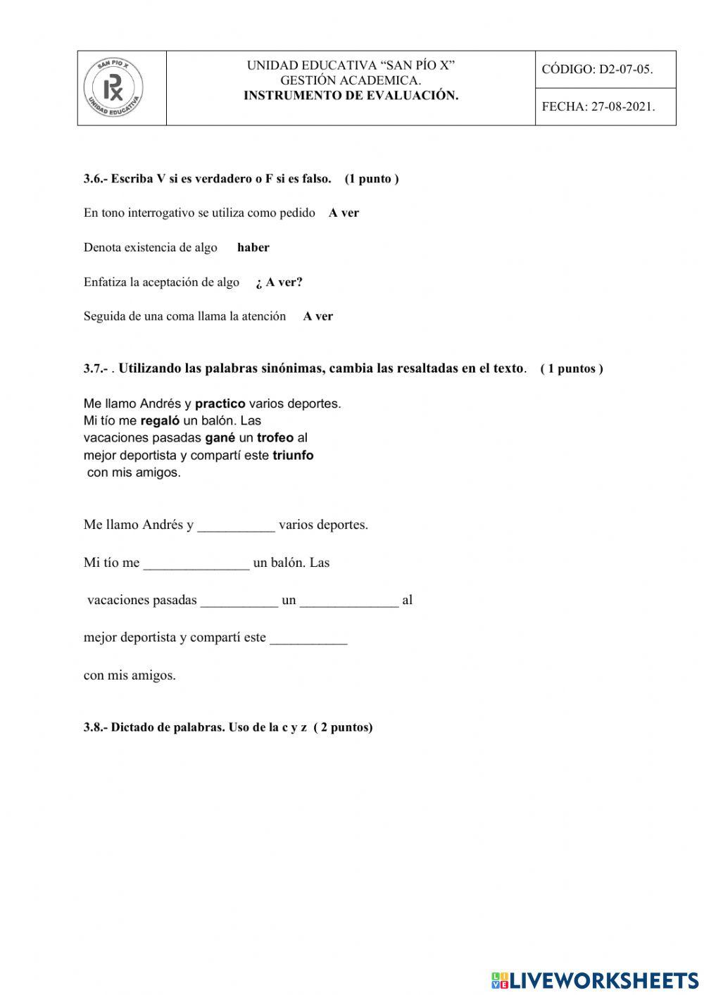 Evaluación segundo parcial 1er quimestre
