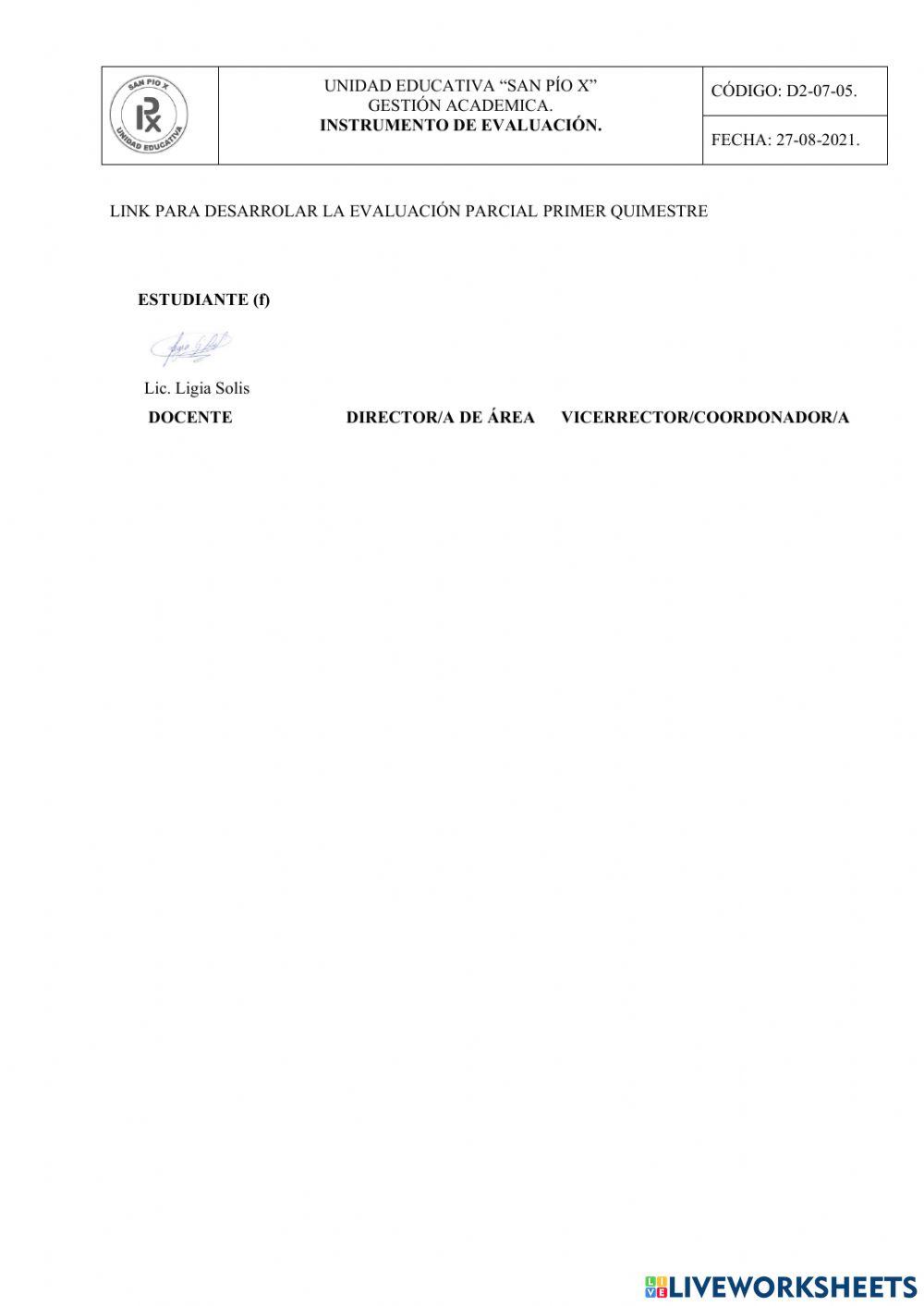 Evaluación segundo parcial 1er quimestre