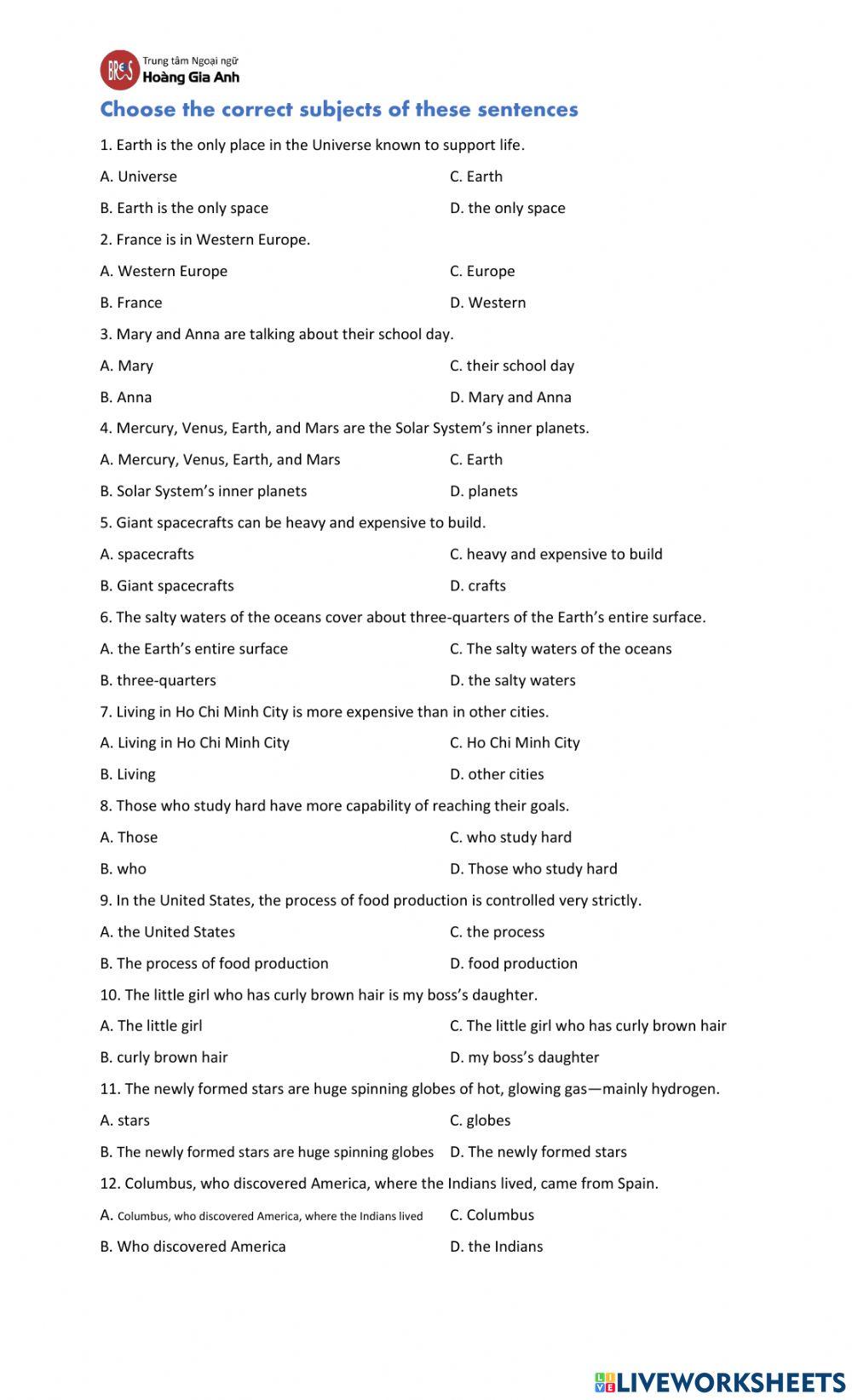 Choose the correct subjects