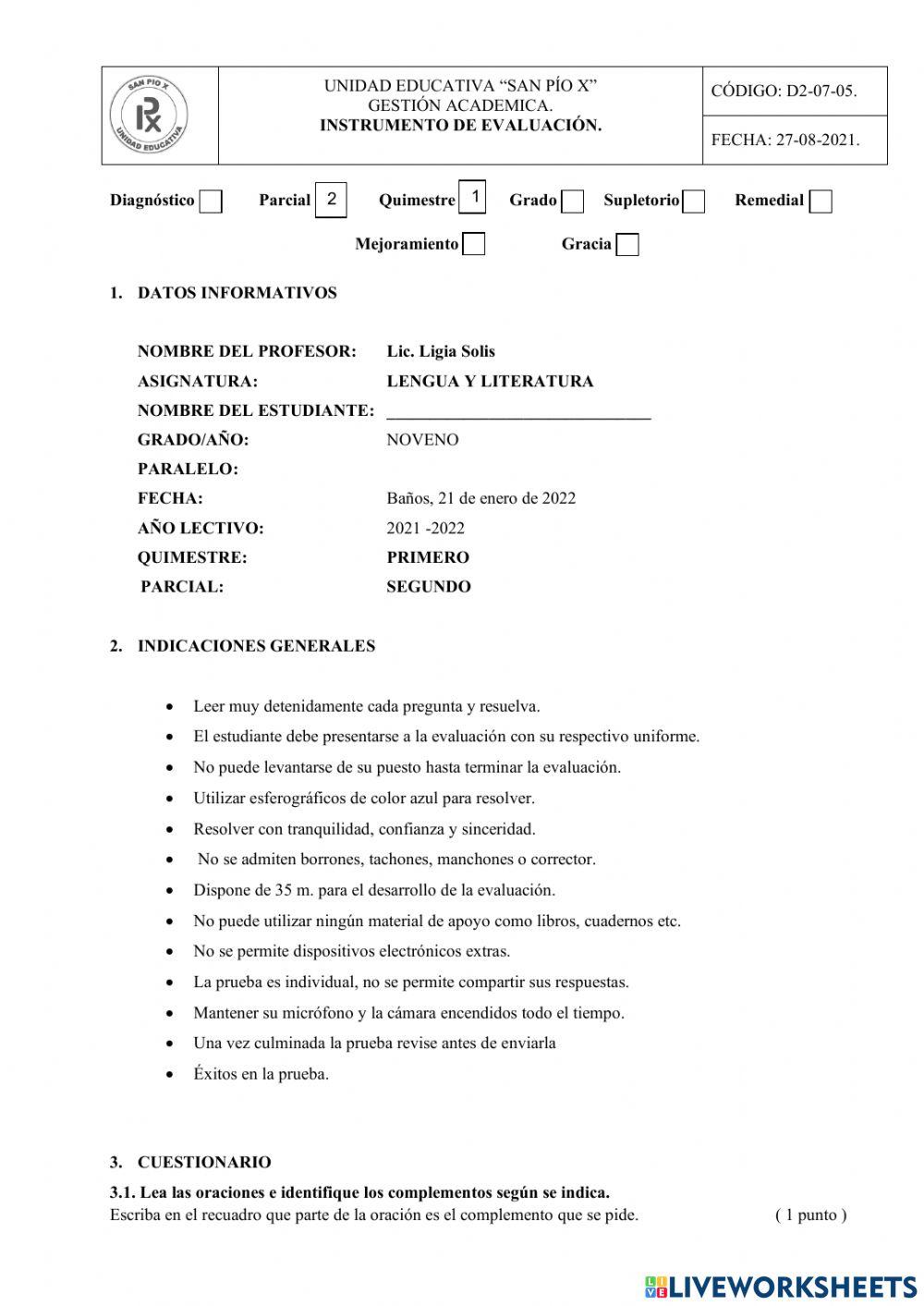 Evaluación 2do parcial primer quimestre