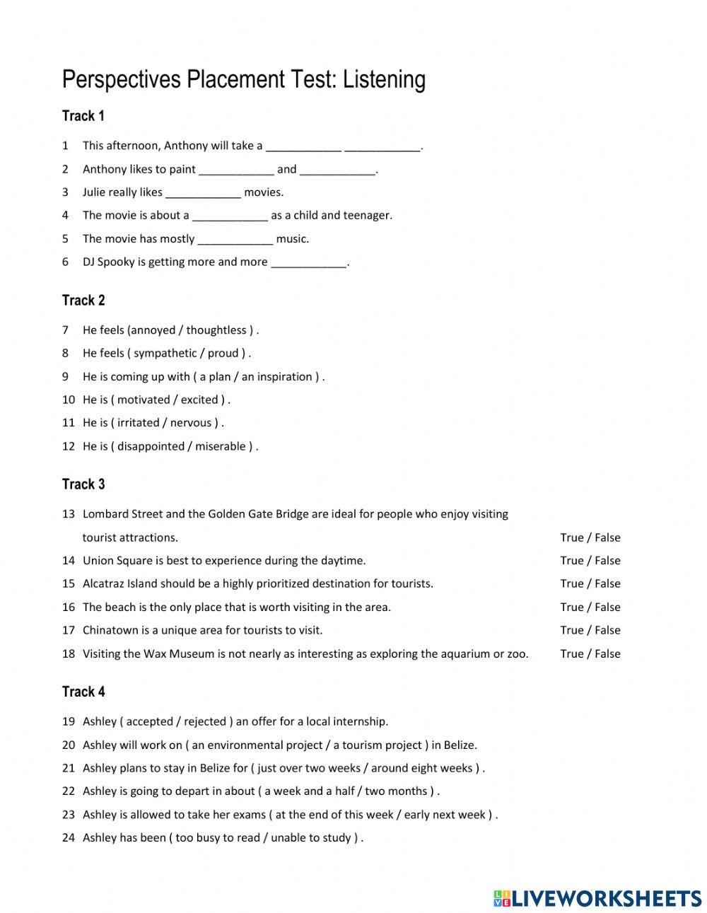 Listening placement diagnostic test high school online exercise for