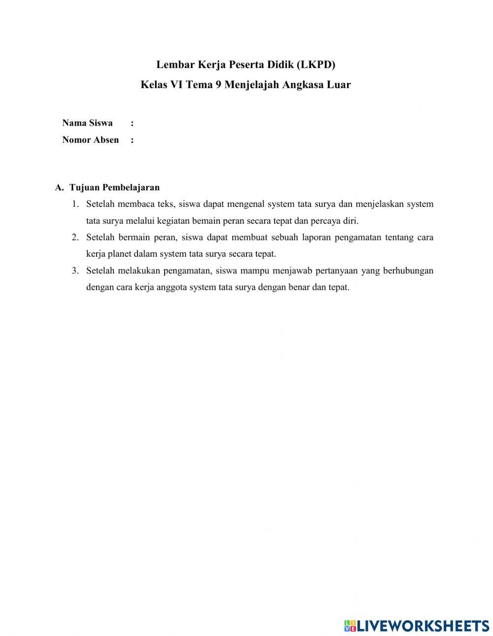 LKPD Kelas VI Tema 9 Menjelajah Angkasa Luar