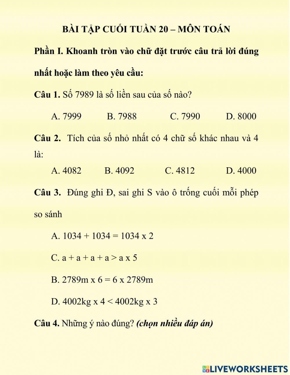 Bài cuối tuần môn Toán