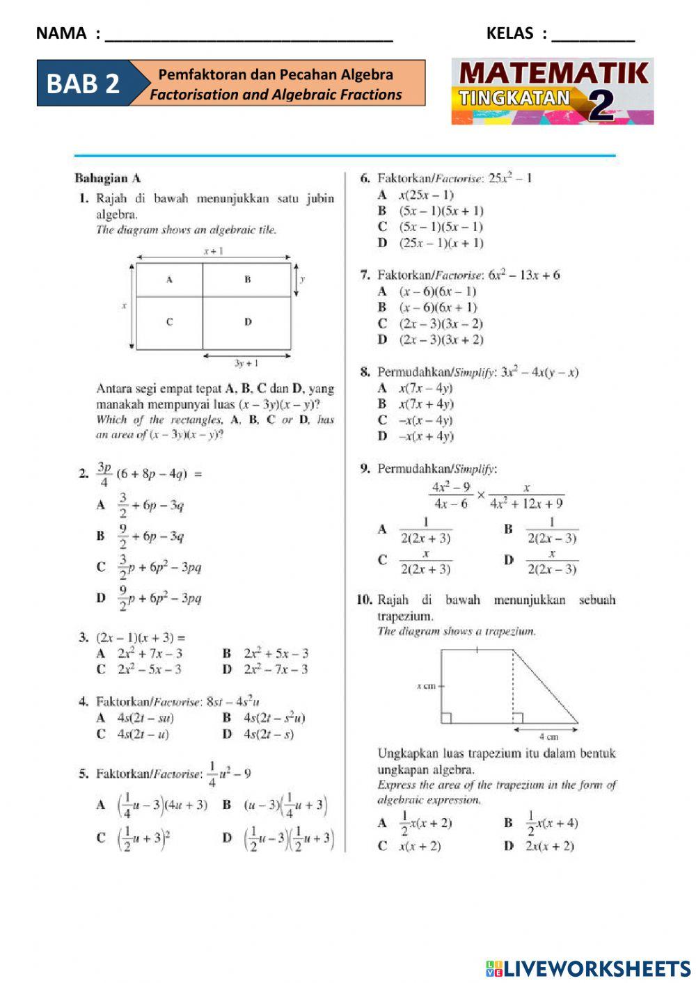 T2B2(1) Pemfaktoran dan Pecahan Algebra