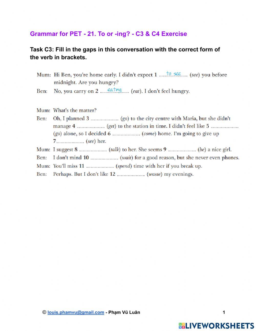 Grammar for PET - 21. To or -ing? - C3 & C4 Exercise worksheet | Live ...
