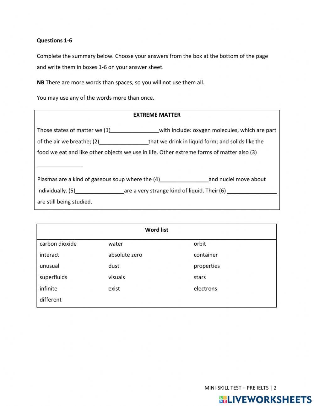 Mini test reading summary completion ms anh live