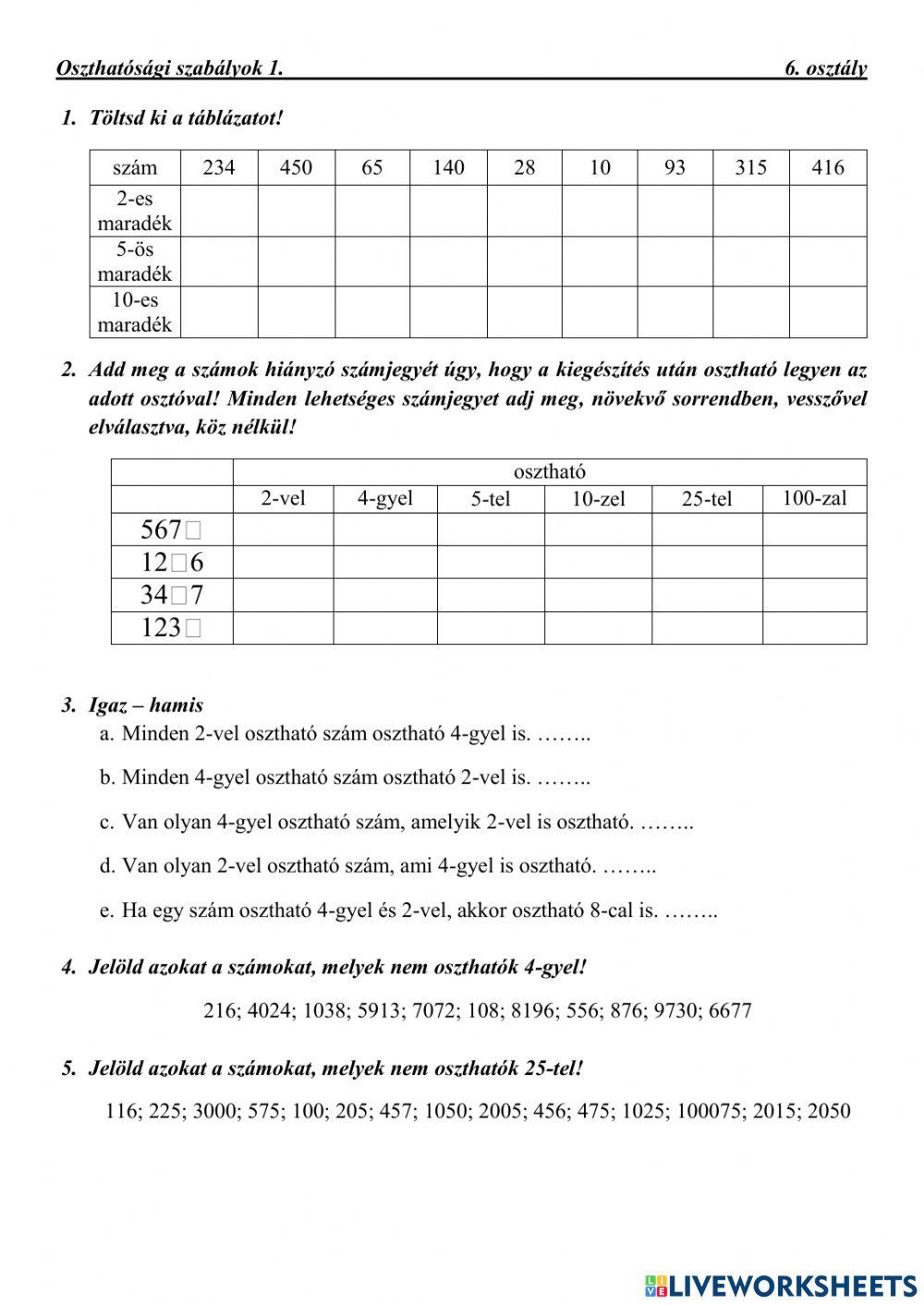 Oszthatósági szabályok 1.