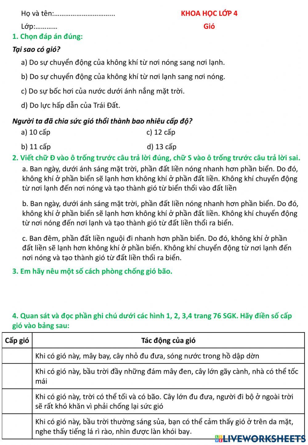 Bài tập Khoa học tuần 18 - Gió