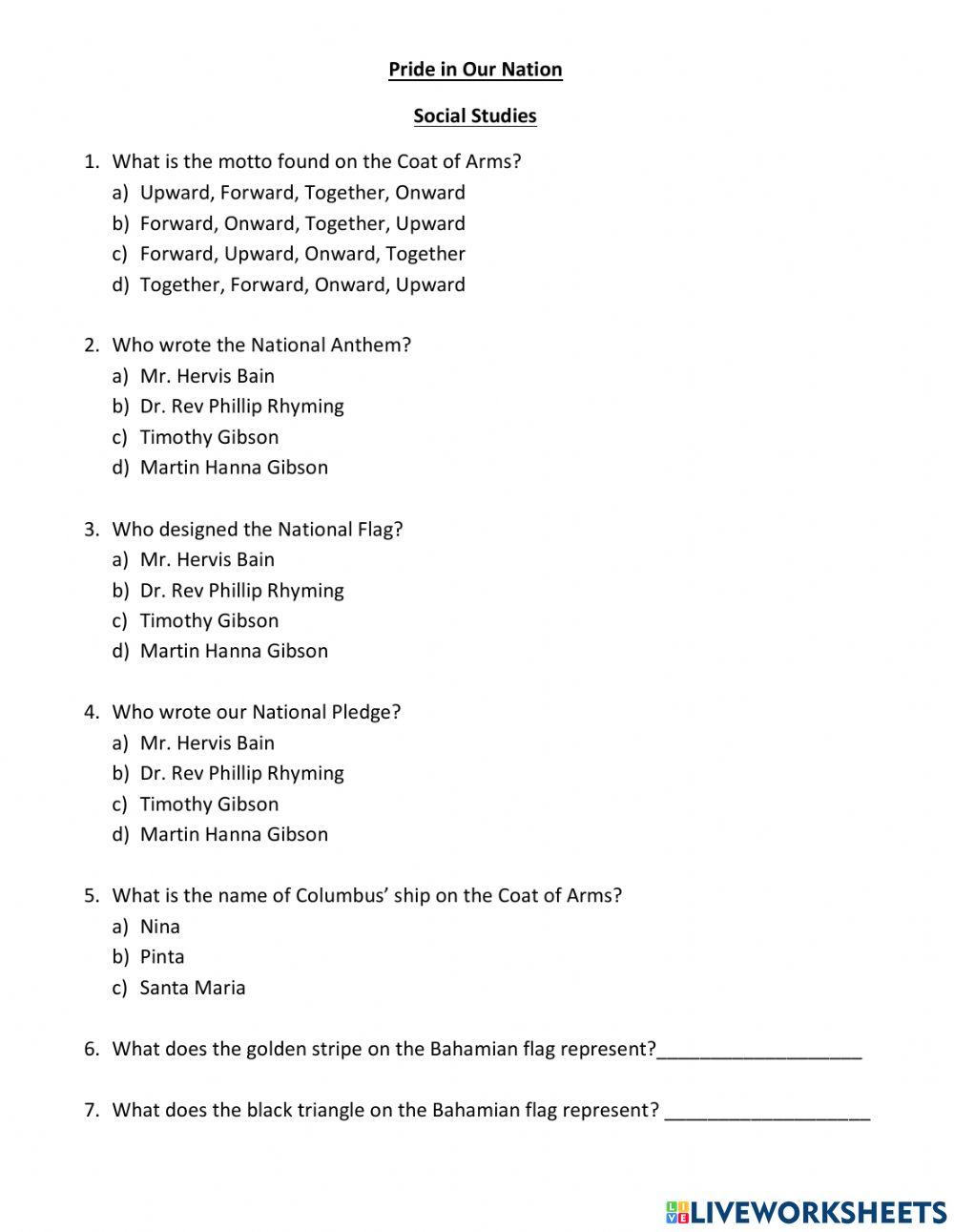 Pride in Our Nation- Test- Social Studies