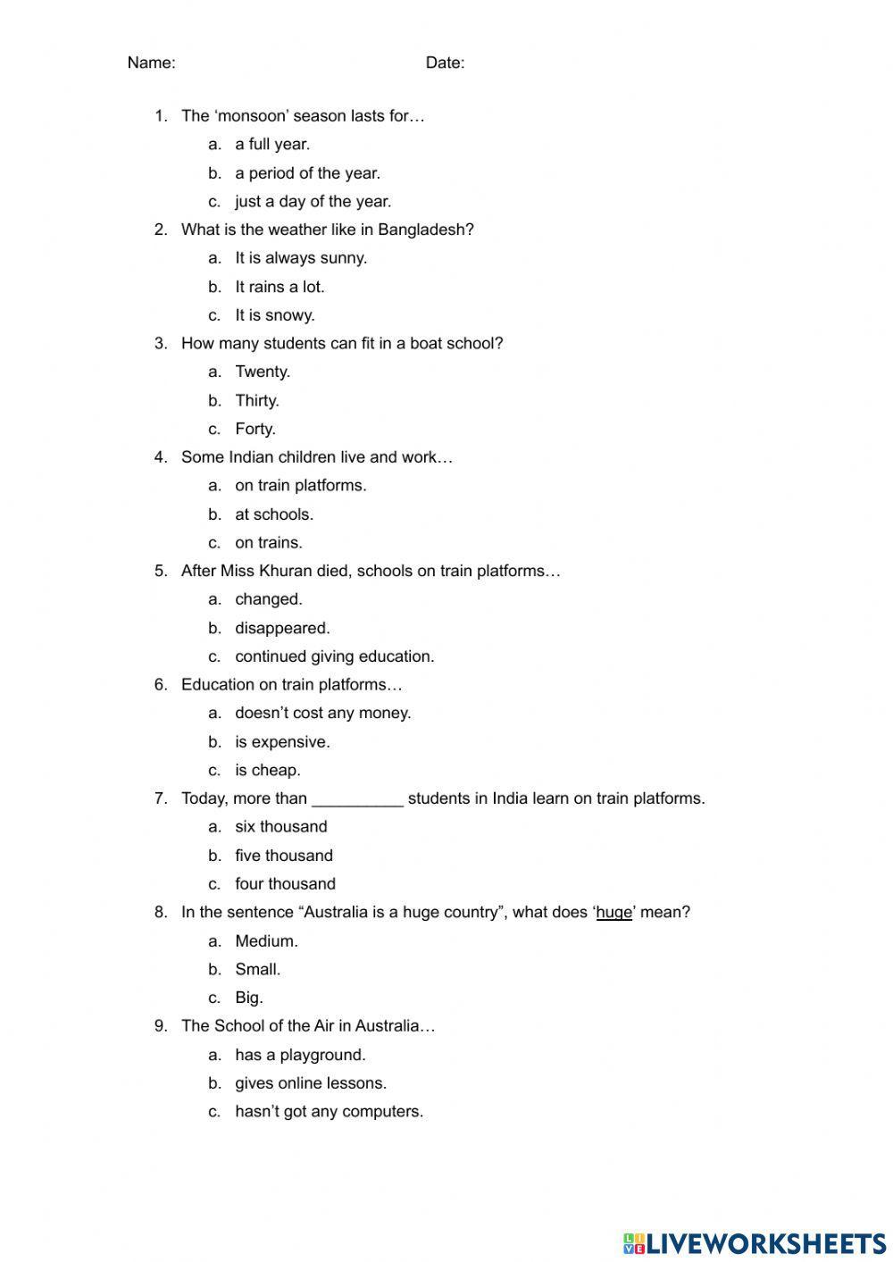 Reading task: Schools around the world