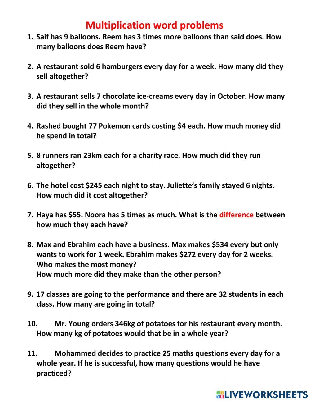 Multiplication word problems