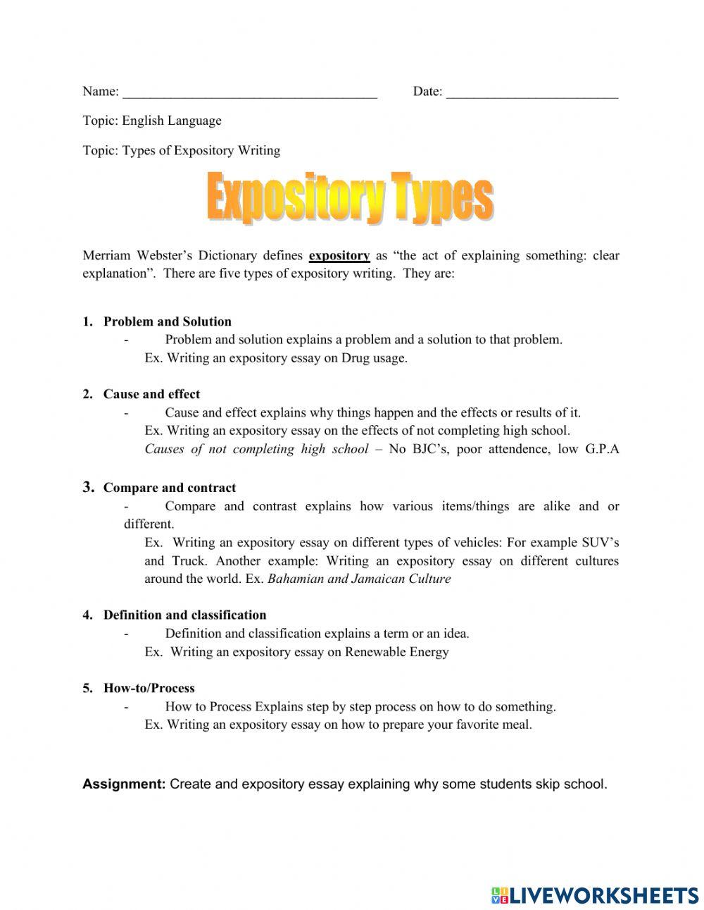 Expository essay and skipping school online exercise for live worksheets