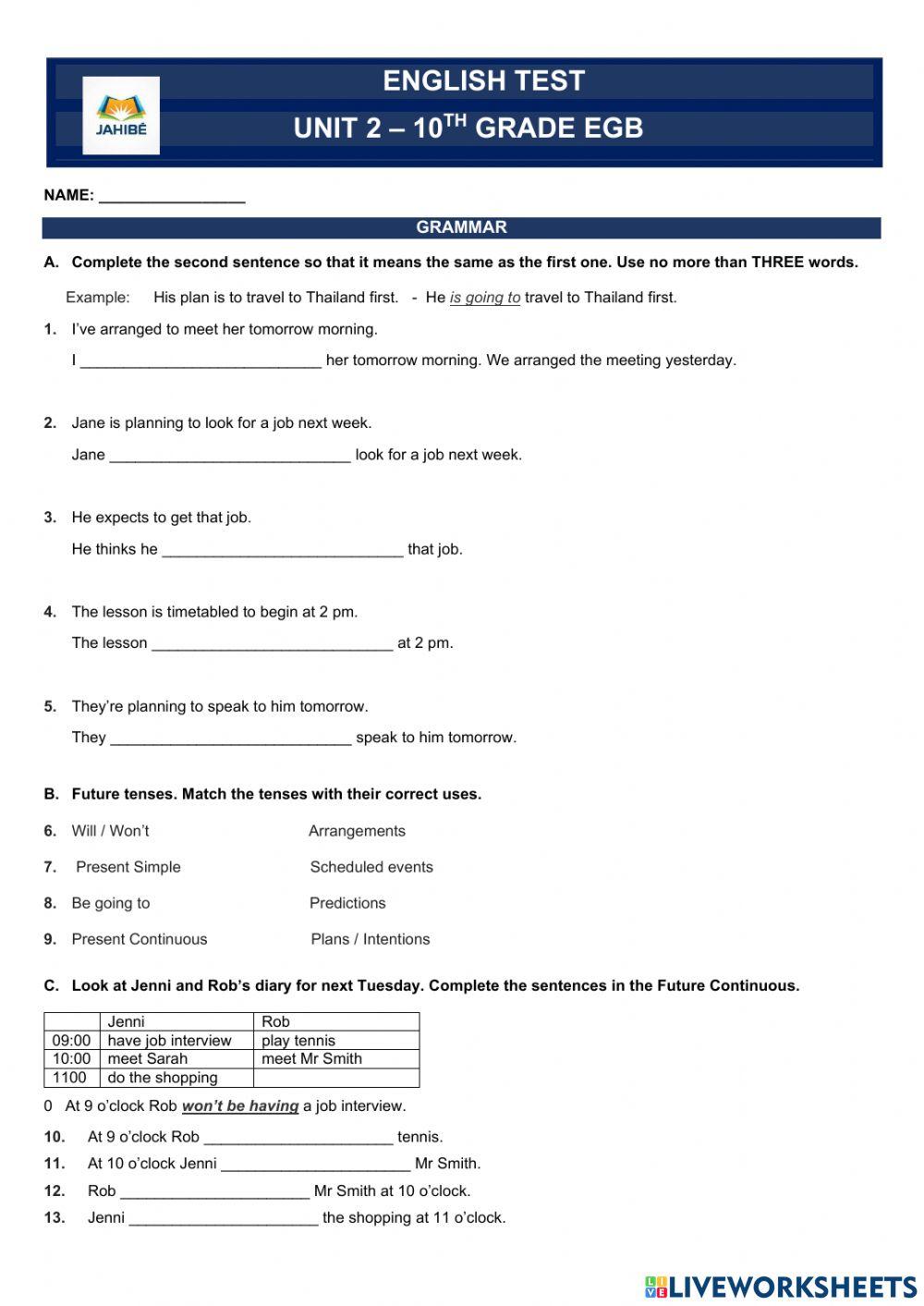 10th grade - unit 2 test