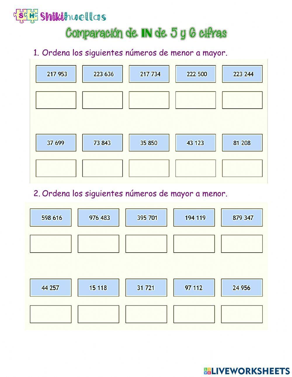 Comparación de números naturales de 5 y 6 cifras