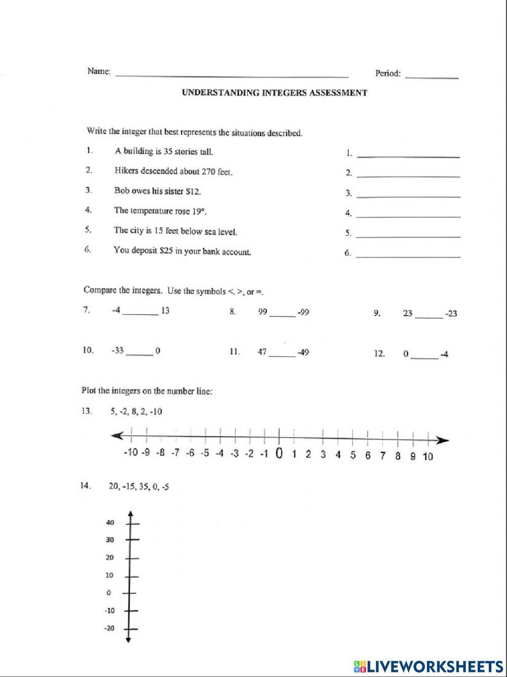 Understanding Integers Assessment
