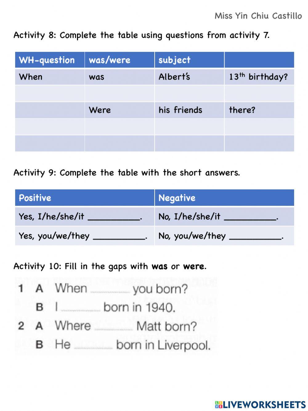 Past Simple - was - were