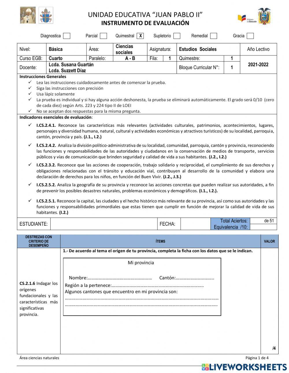 EVALUACIÓN QUIMESTRAL DE ESTUDIOS SOCIALES
