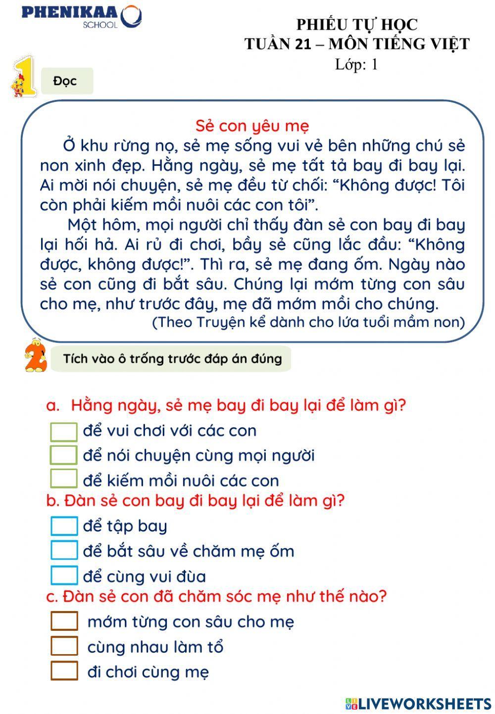 Phiếu cuối tuần 21 - Tiếng Việt