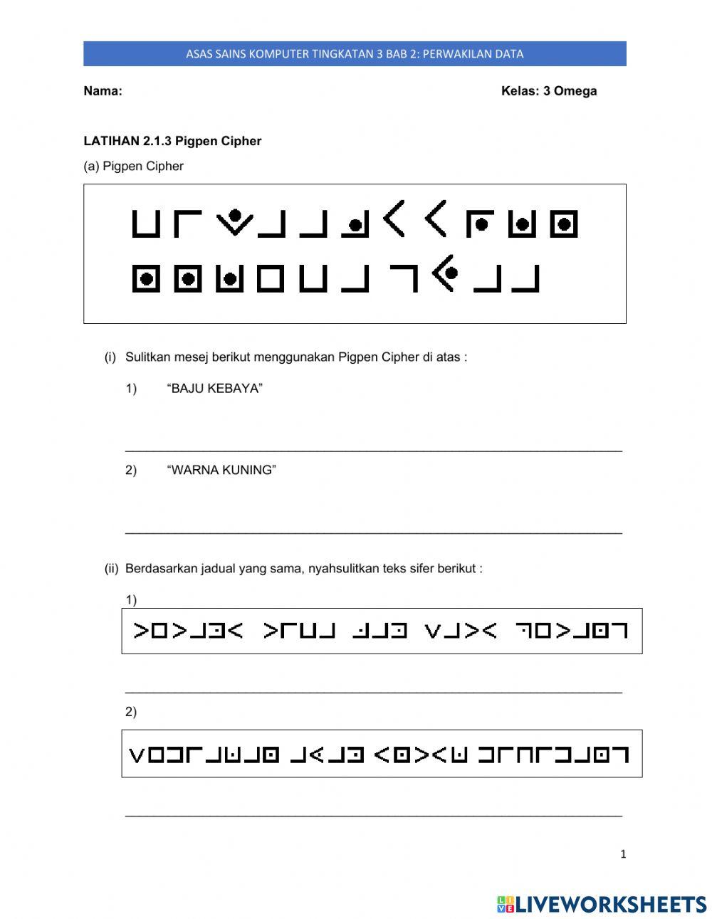 Uji Kefahaman Pigpen Cipher worksheet Live Worksheets