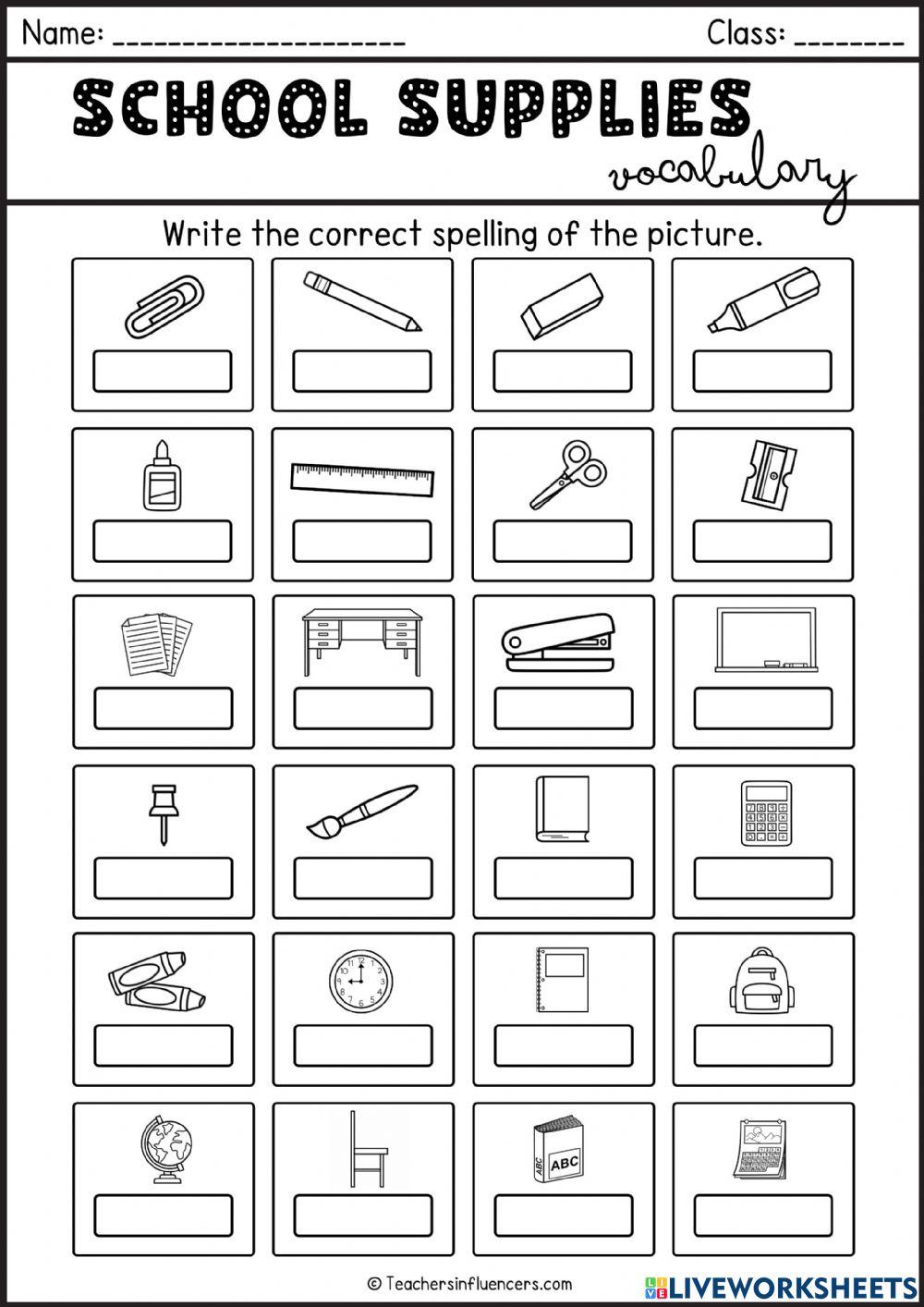 SCHOOL SUPPLIES VOCABULARY 1 online exercise for Live Worksheets