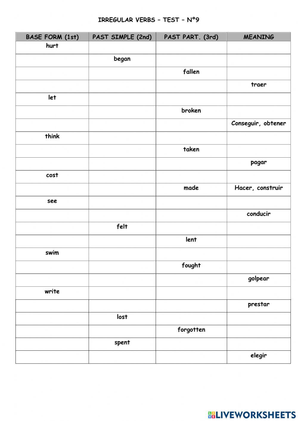 Irreg verbs Test 9