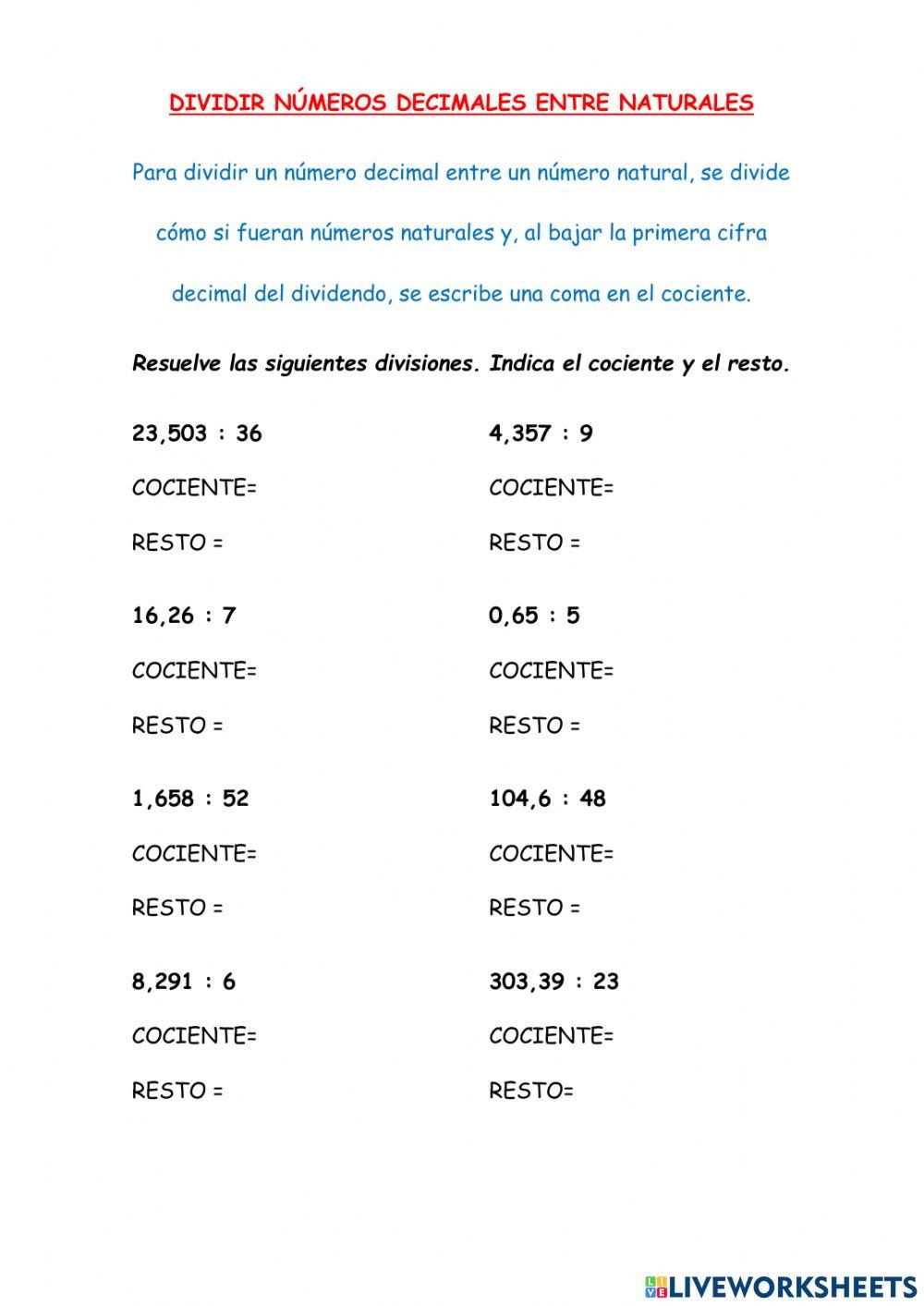 Dividir decimales entre naturales