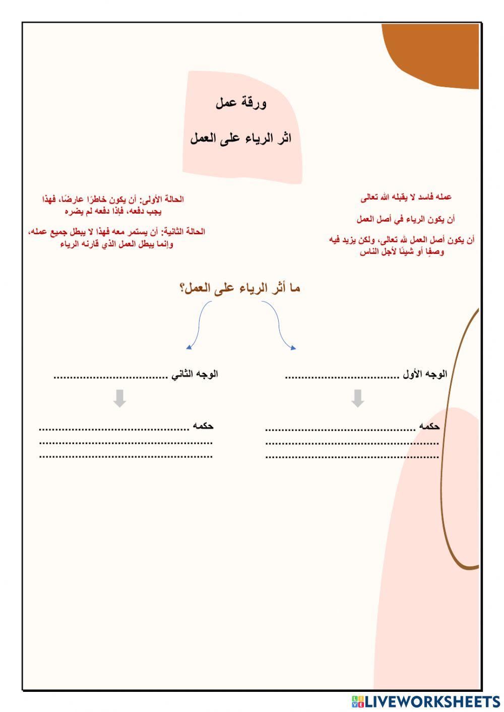 ورقة عمل اثر الرياء على العمل