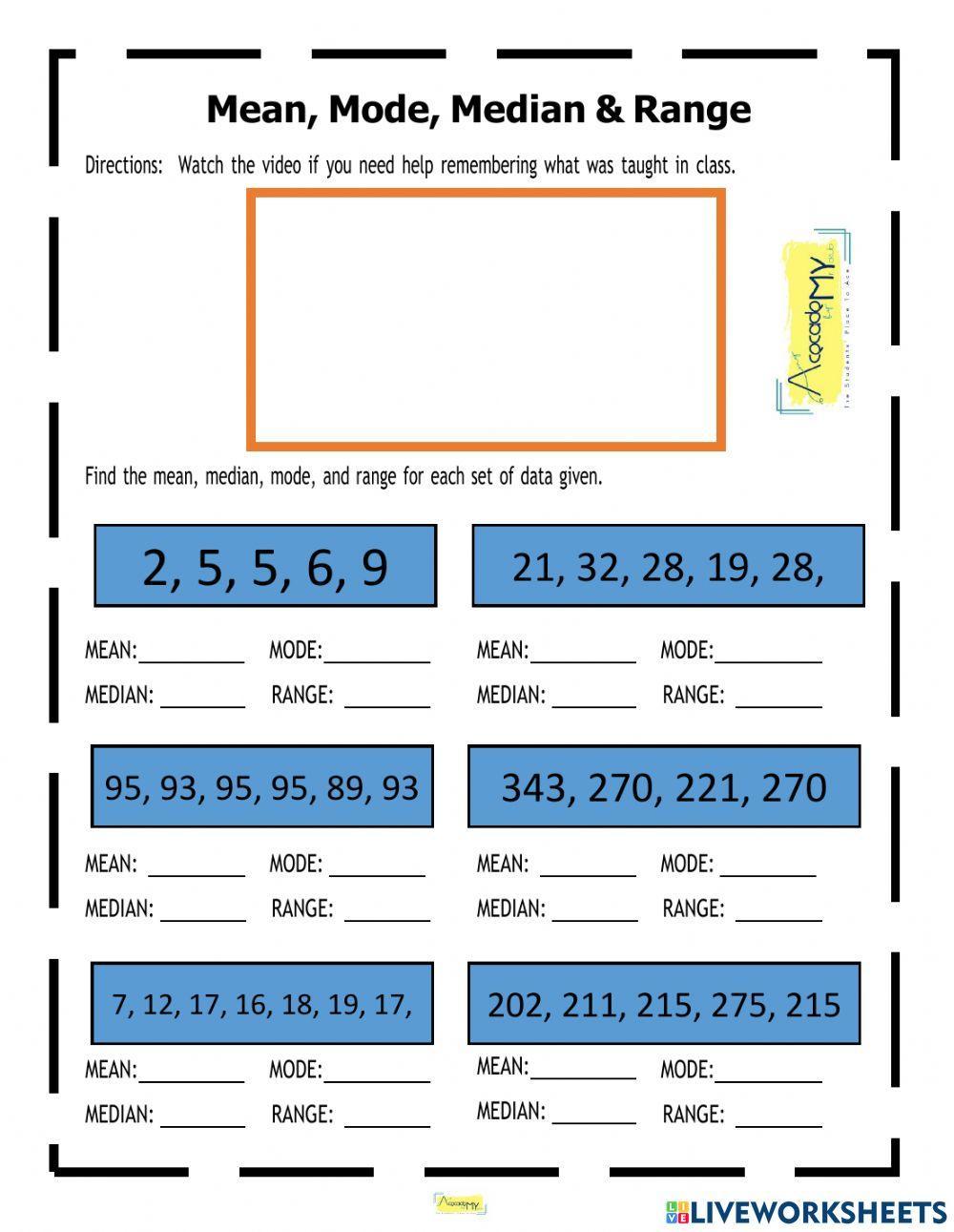 Mean, Median, Mode and Range worksheet Live Worksheets