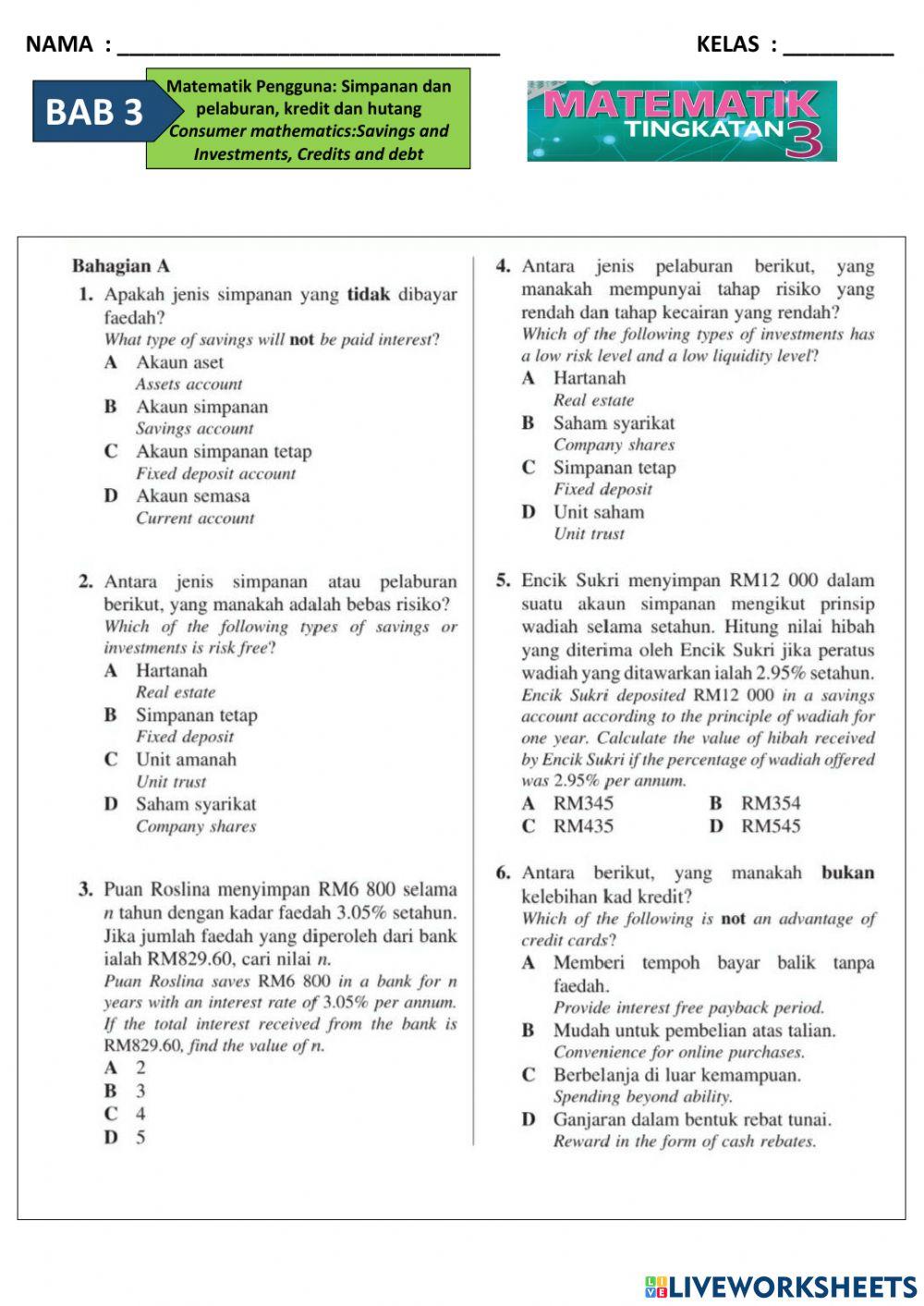 T3B3  Matematik Pengguna, Simpanan dan pelaburan, Kredit dan Hutang
