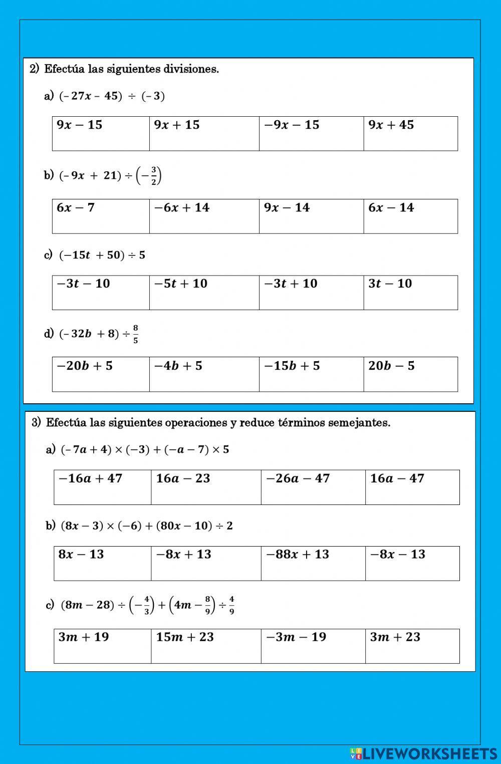 Operaciones de polinomios con un número