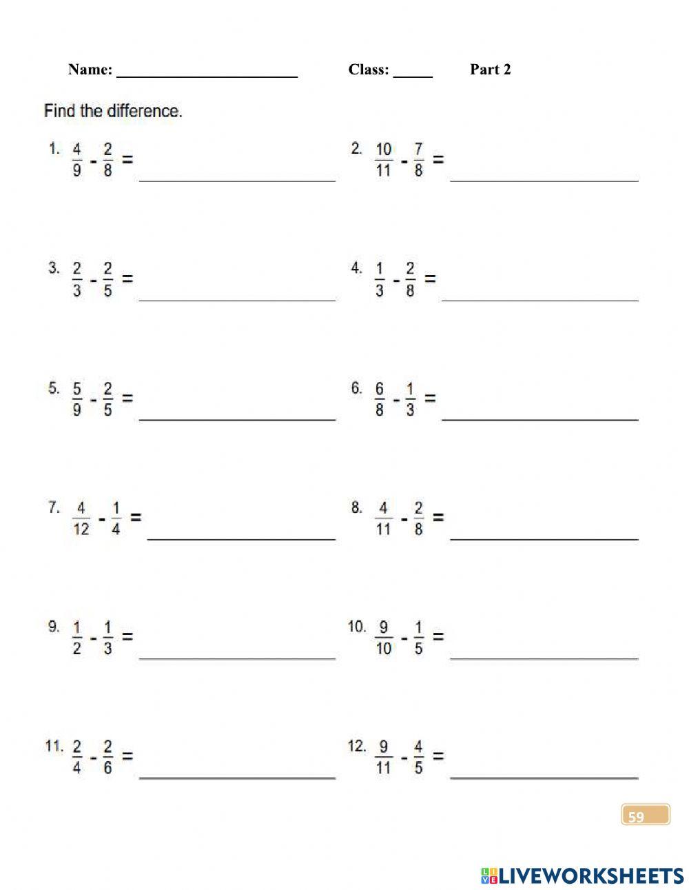 Fractions Subtracting Uncommon Denominators Worksheet online exercise