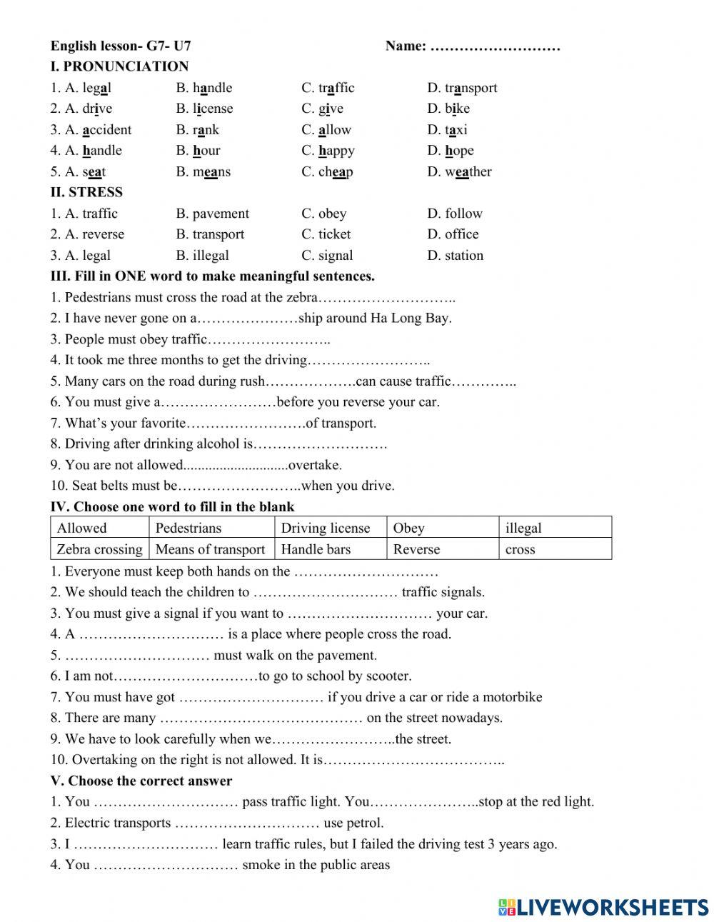 Grade 7: Traffic (use to)