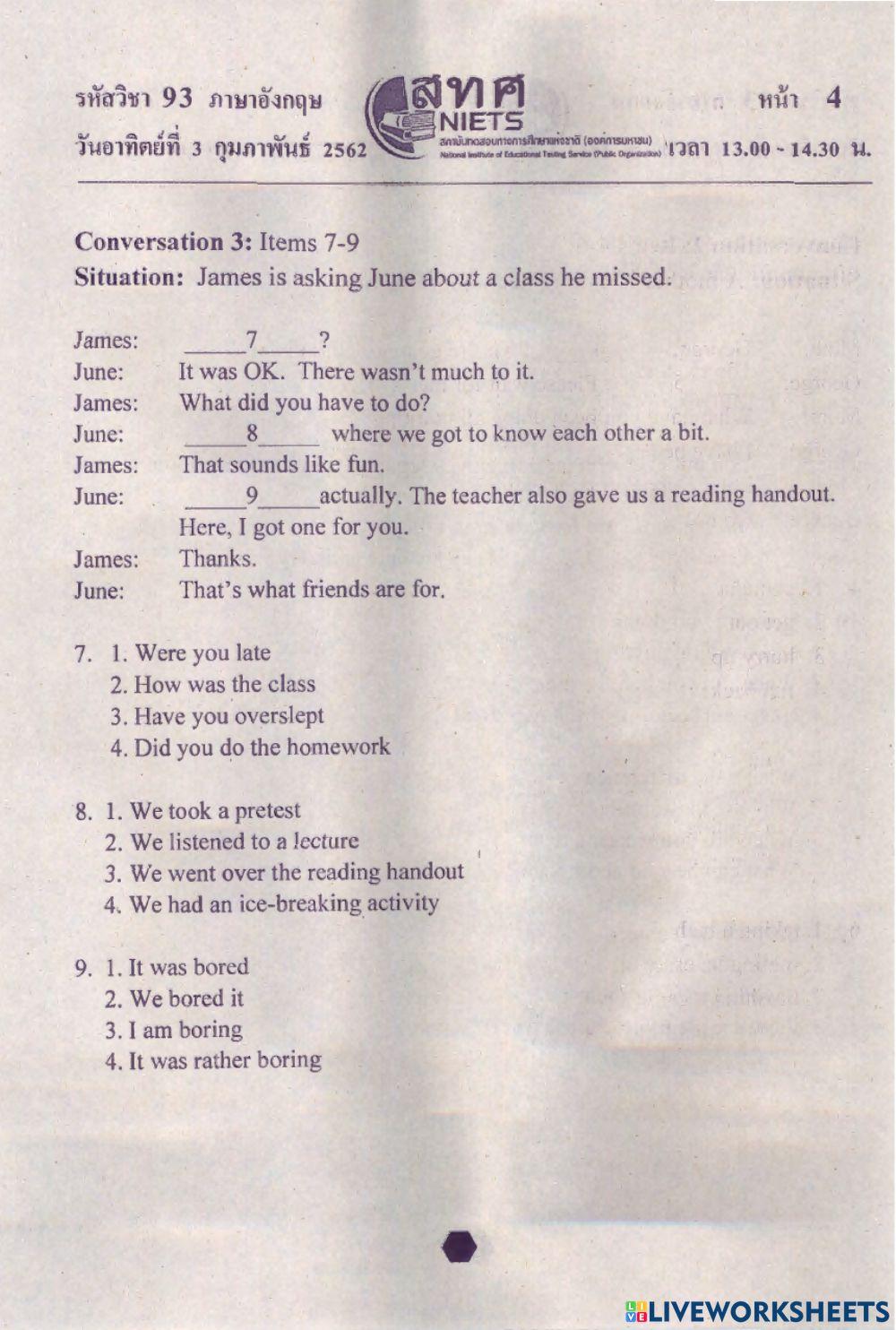 English ONET M.3 2561 Part 1 No.1-16