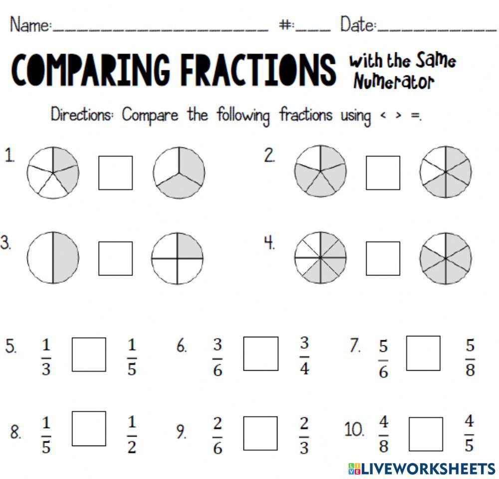 Comparing fractions worksheet same numerator