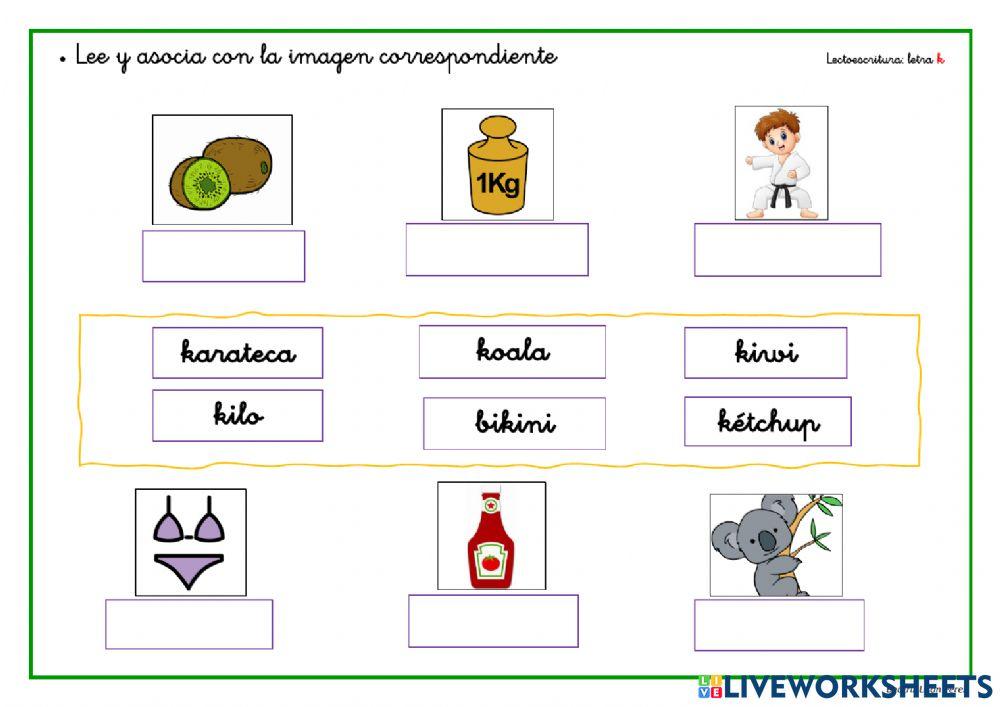 Lee y asocia cada palabra con su dibujo - palabras con k