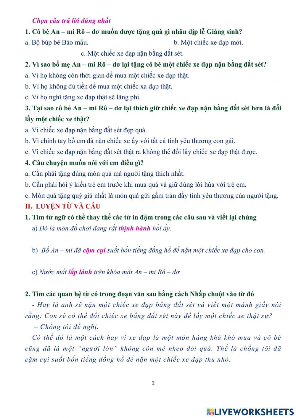 Giá trị của quà tặng - Lớp 5