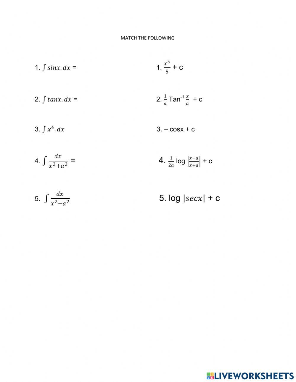 integrals revision online exercise for | Live Worksheets