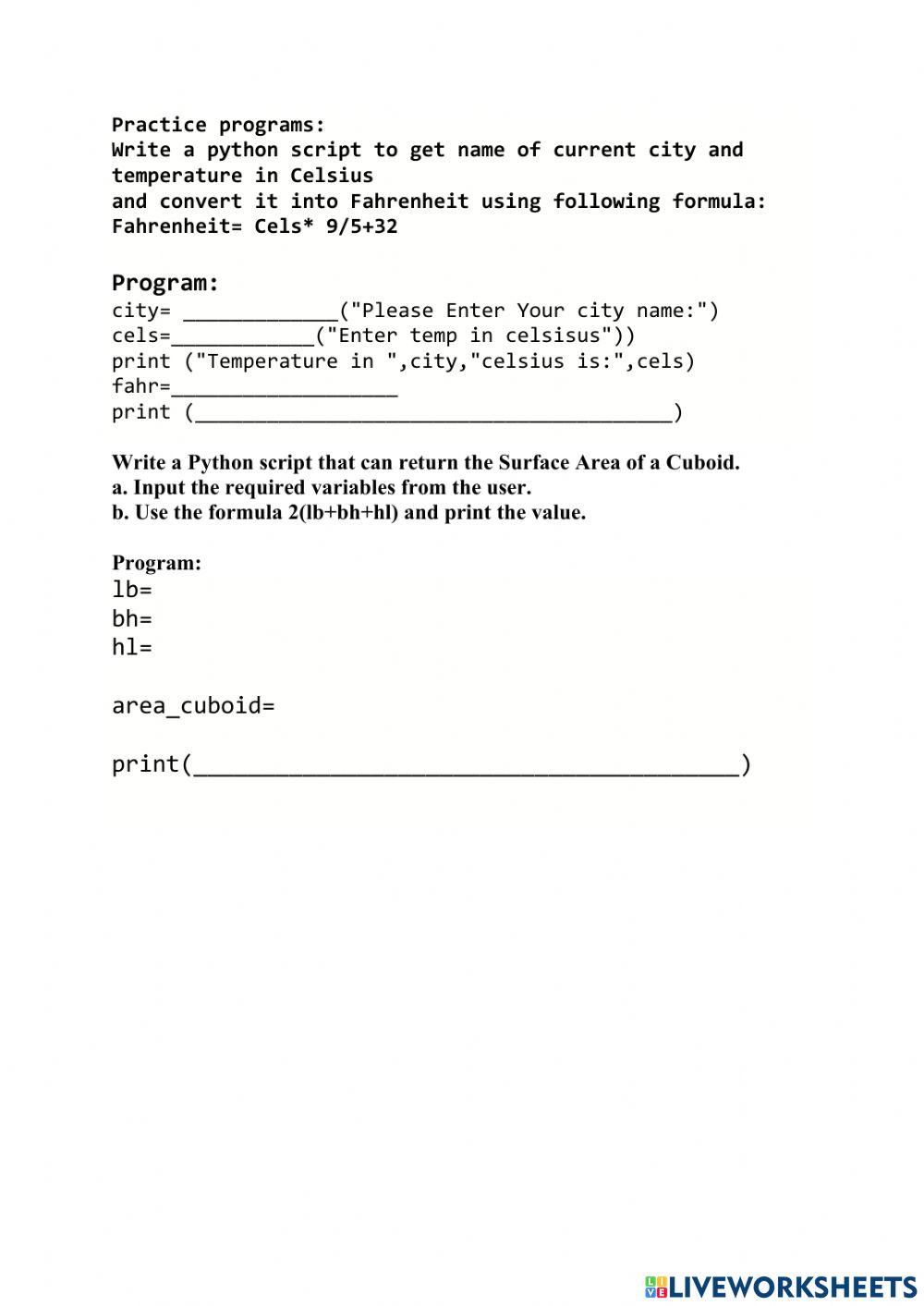 python practise program online exercise for | Live Worksheets